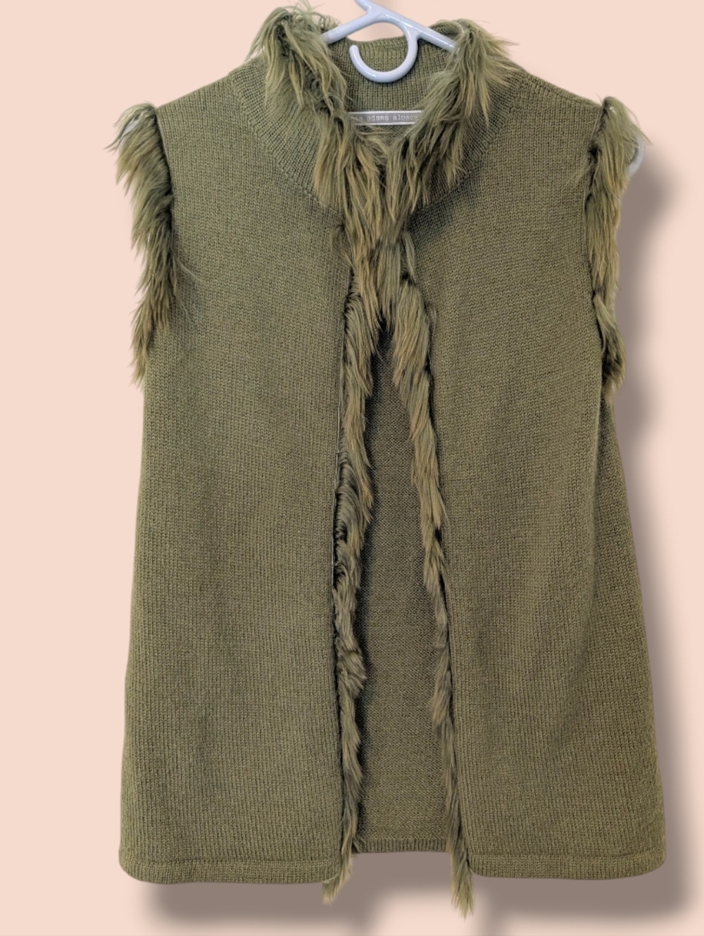 Alicia Adams Alpaca Olive Green Sleeveless Open Front Faux Fur Trim Knit Vest SM